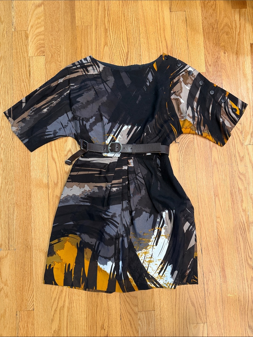 Ali Ro Silk Abstract Brushstroke Mini Dress in Black, Mustard & Gray